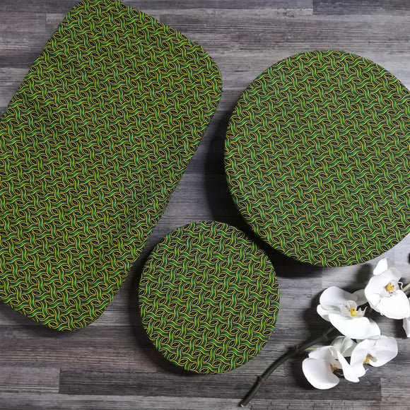 Shweshwe Dish Cover Set - green and yellow flowers