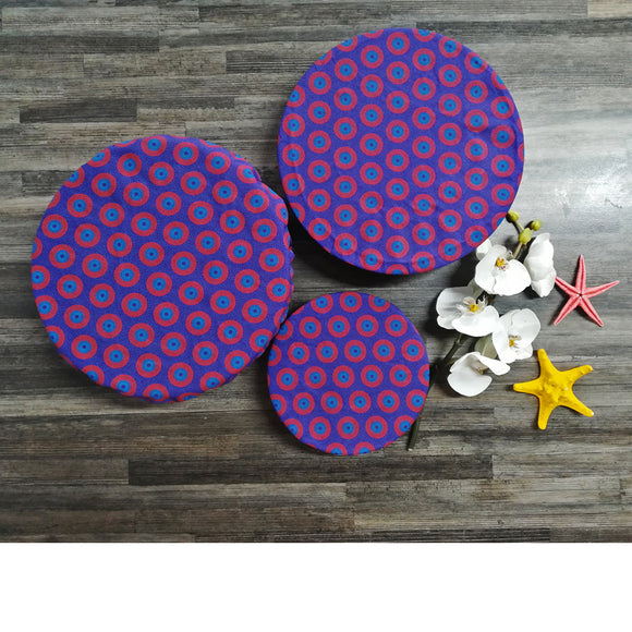 Shweshwe purple bowl cover set with purple and blue circles