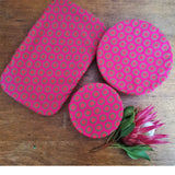Shweshwe Pink Dish Cover Set with green and pink circles