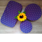 Shweshwe Dish Cover Set with purple and blue circles