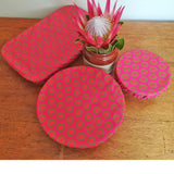 Shweshwe Pink Dish Cover Set with green and pink circles